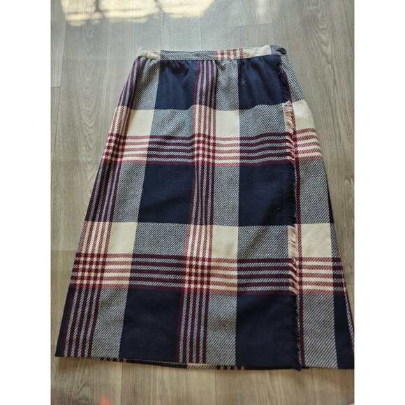 Haberdashery Plaid Wool Blend Pencil Skirt Tartan Check Faux Wrap Fringe Vintage - Picture 3 of 5